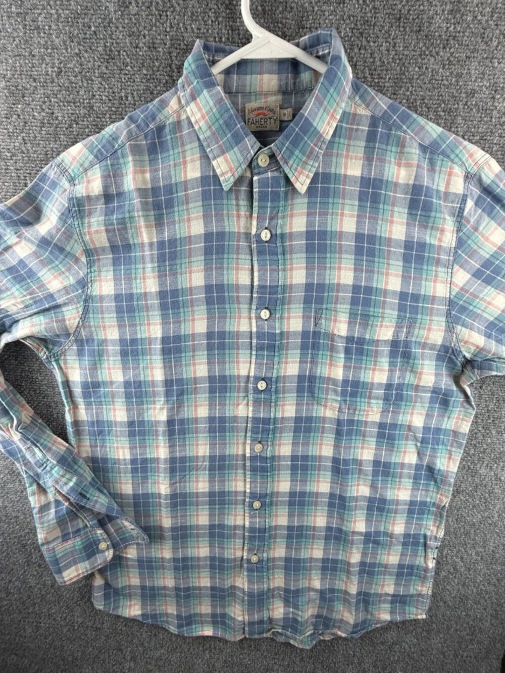 Faherty Madras Plaid Blue Long Sleeve Button Up Shirt Men Medium Lightweight